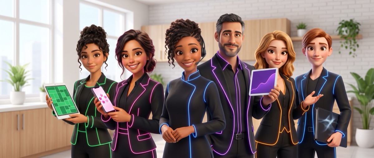 L’équipe SoiAgent en illustration 3D : Flora, Nova, Zuri, Hugo, Eva et Alex.