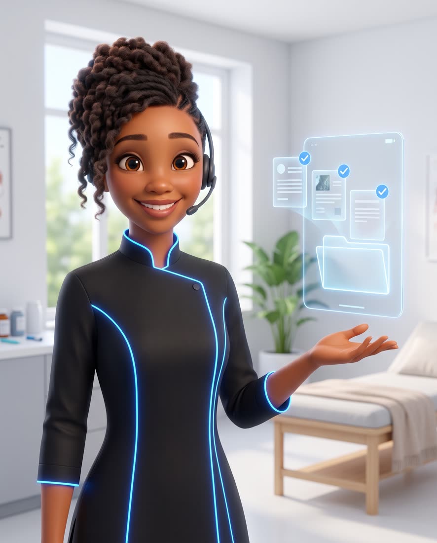 Zuri, en illustration 3D, présente les documents que le patient a déposés sur son portail.
